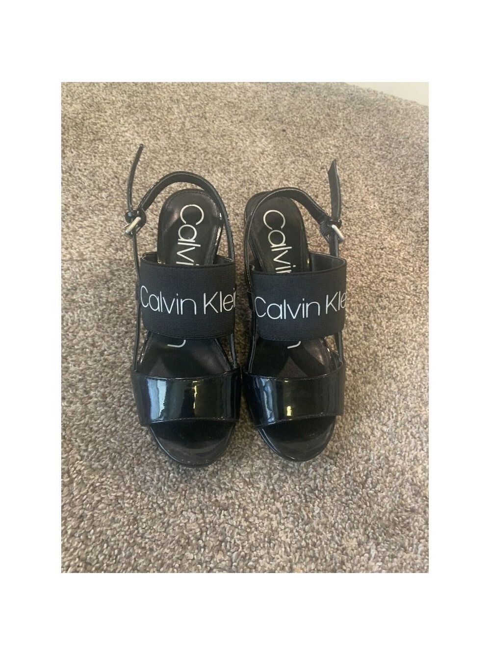 Calvin KLEIN Bethan Logo Wedge Sandals Black Patent Size 5.5